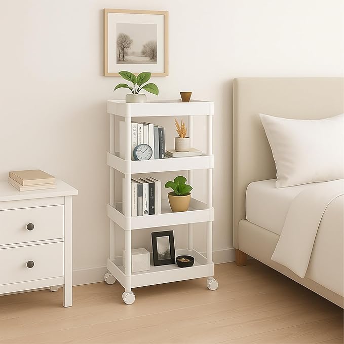 ShellKingdom 4 Tier Bathroom Storage Organizer, Slim Rolling Storage Cart for Narrow Space, Mobile Shelving Unit with Lockable Wheels and Hooks for Bathroom, Kitchen, Laundry Movable Shelf (White)