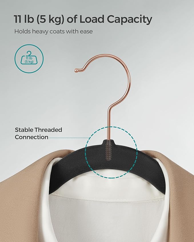 SONGMICS Slim Velvet Hangers, Non-Slip Clothes Hangers with Rose Gold Swivel Hooks, Space-Saving, for Closet, 50 Pack, Black UCRF026B50