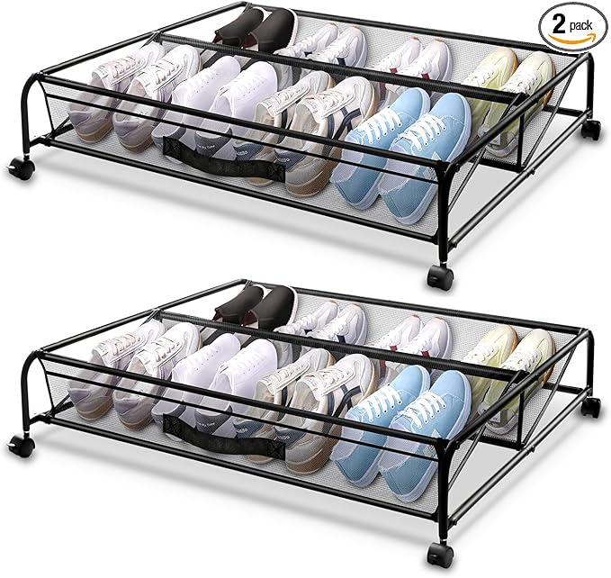 Under Bed Shoe Storage with Wheels, Space Saving Shoe Organizer with Sturdy Metal Frame & Breathable Mesh, Suitable Under the Bed, Sofa and Desk, 2 Packs