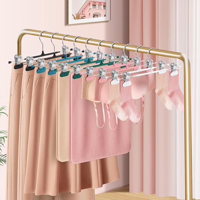 14Inch Clothes Pants Hangers with Wide Clips 10 Pack,Non-Slip Adjustable Skirt Hanger for Women,Space-Saving Heavy Duty Men Hangers for Pants,Trousers,Jeans,Shorts,Pink