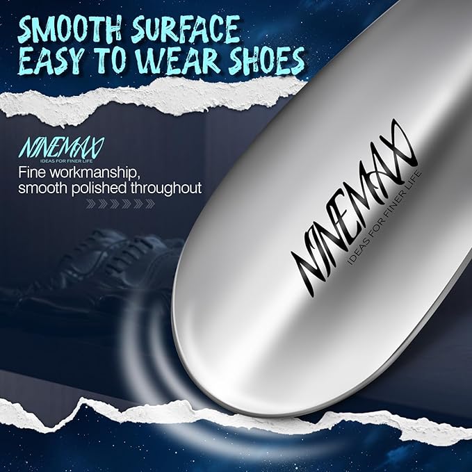 NINEMAX Shoe Horn Long Handle for Seniors Men Women, Metal Long Shoehorn Boot Horn 16.5'', Small Travel Stainless Steel Shoe Spoon Helper for Kids 7.5''