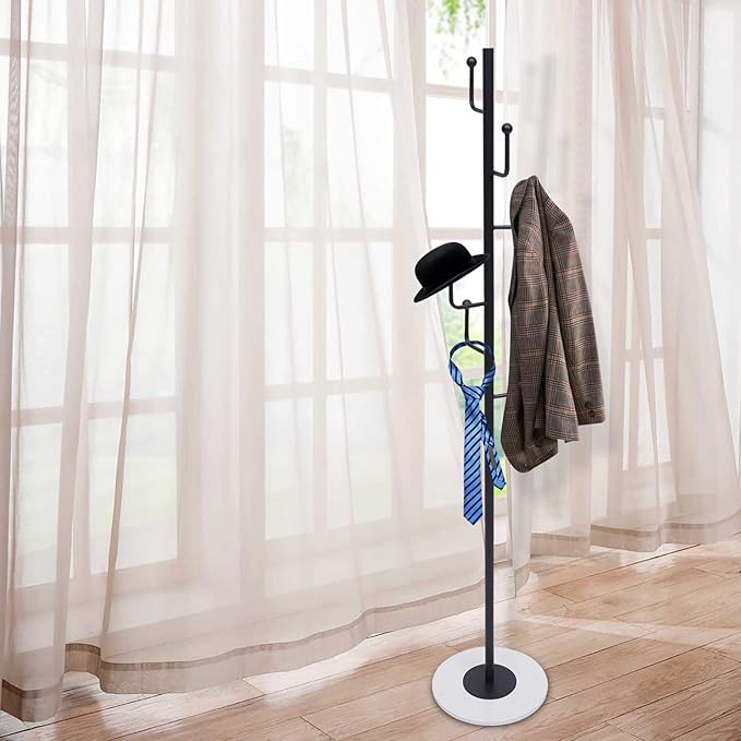 67" Heavy Duty Retail Garment Rack Coat, Bag and Hat Display for Home or Boutique Clothing Stores, Metal Stand Marble Base with 6 Hooks, Floor Standing Clothes Rack Organizer Storage Rack