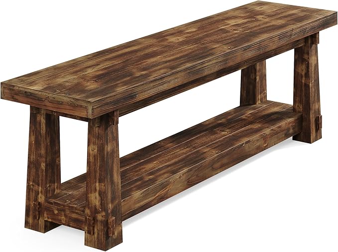 55" Solid Wood Entryway Bench with Shoe Storage, Rustic Charred Wood Grain Foyer Bench with Open Shelf for Hallway, Mudroom, Bedroom, Easy Assembly