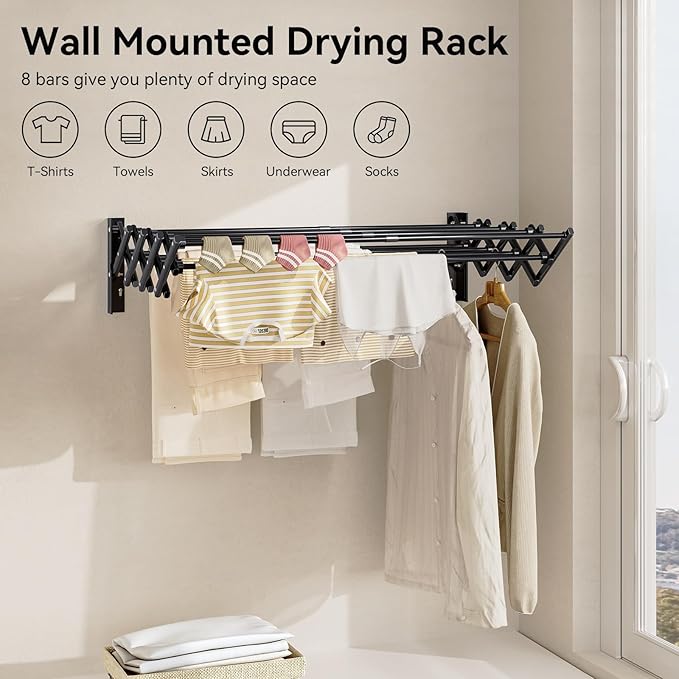 APEXCHASER Laundry Drying Rack Wall Mount - Towel Rack Collapsible, Accordion Clothes Drying Rack, Clothes Airer for Bathroom Balcony Laundry Room Wall Mounted, Drying Rack for Clothing, Black