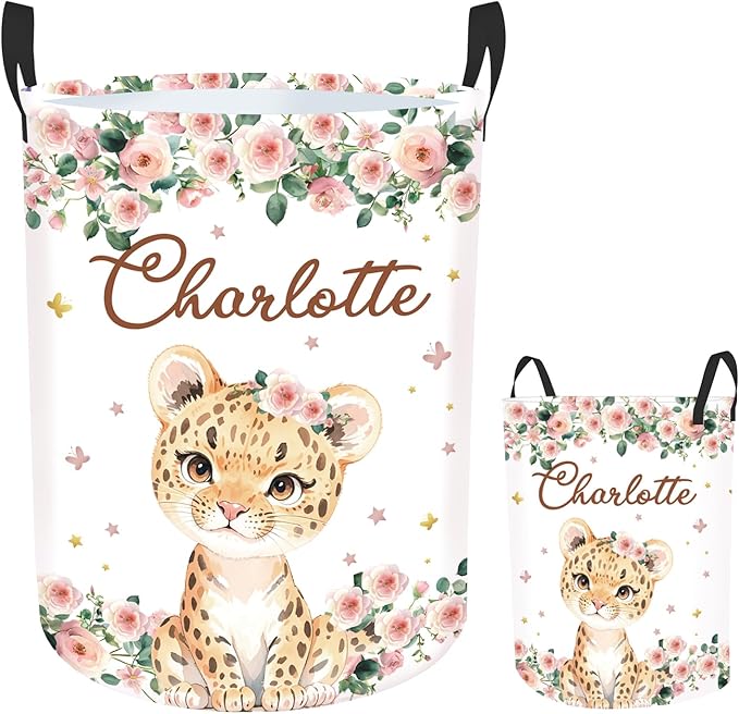 Custom Baby Girl Laundry Basket for Nursery, Personalized Name Pink Lion Baby Laundry Hamper with Handles, Customize Baby Clothes Hamper for Toddler Girls Adults 2 Sizes