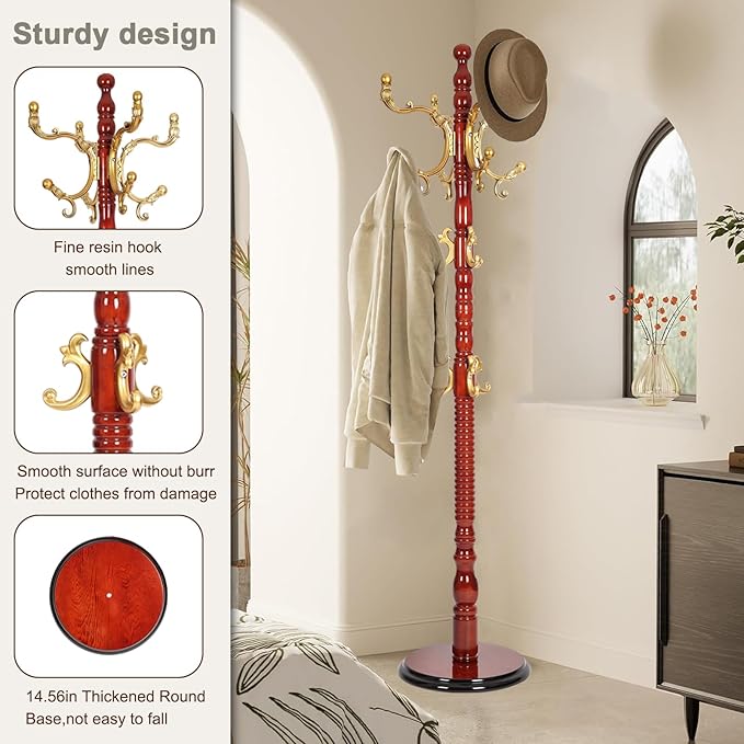 Wooden coat rack stand, Heavy duty coat racks tree freestanding with 14 Hooks and Sturdy Round Base, Coat tree for jacket,Hats, Bags, Purses, clothes (Round base-Begonia wood)