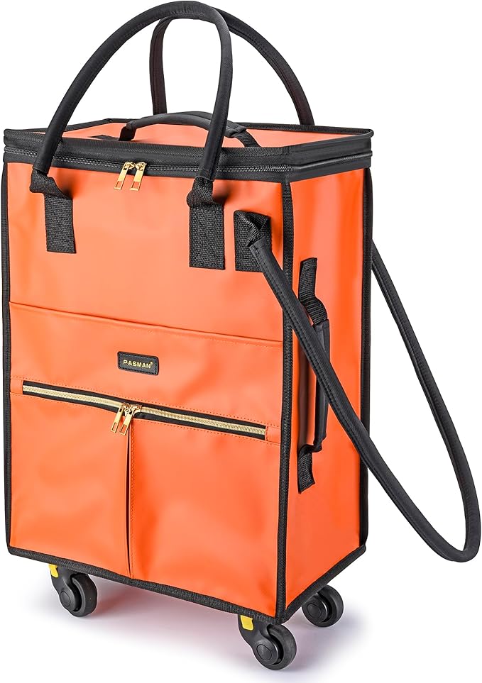 Reusable Grocery Bag on Wheels, Foldable Rolling Duffle Bag, Carry on Luggage Bag with Handle and Zipper Cover for Travel, Lightweight Rolling Tote Shopping Carts (Matte-Orange, Small_41L)