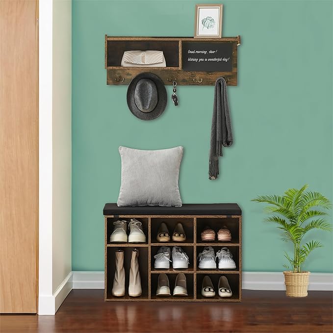 Entryway Shoe Bench with Coat Rack, Cushioned Storage Seat with Cubbies, Shoe Rack Bench for Front Door Entrance, Hall Tree with Hooks, Blackboard & Extra Storage for Entryway, Hallway & Living Room