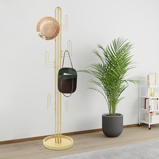 Cactus Coat Rack, Freestanding Coat Rack With 6 Hooks, Modern Metal Coat Racks with Round Base, Gold Cactus Shape Clothing Stand for Bedroom, Office (Gold)