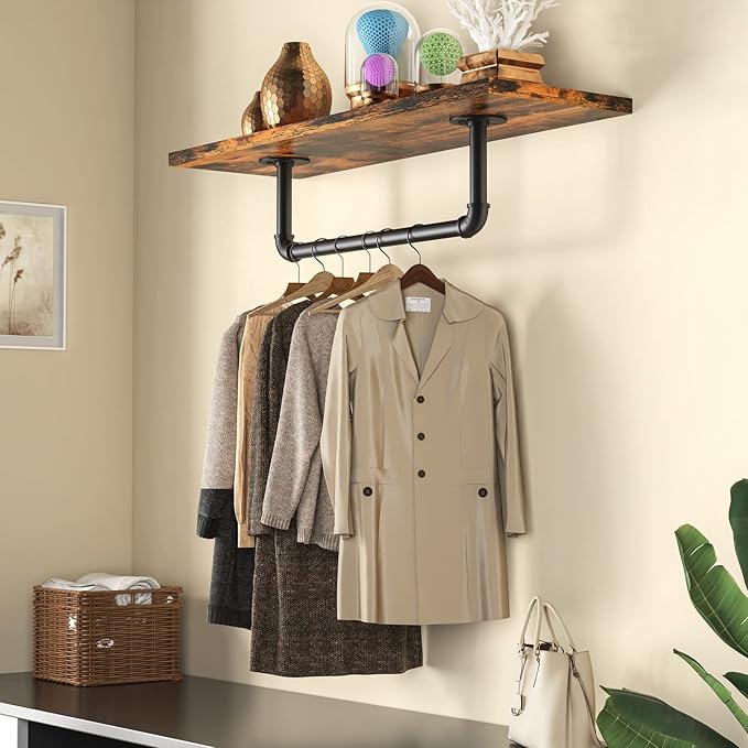 Wall Mounted Clothes Rack 21.06in, Industrial Pipe Wall Mount Clothing Rack, Heavy Duty Iron Garment Racks, Space Saver Multi-purpose Hanging Rod for Laundry Room, Closet Storage, 2 Packs