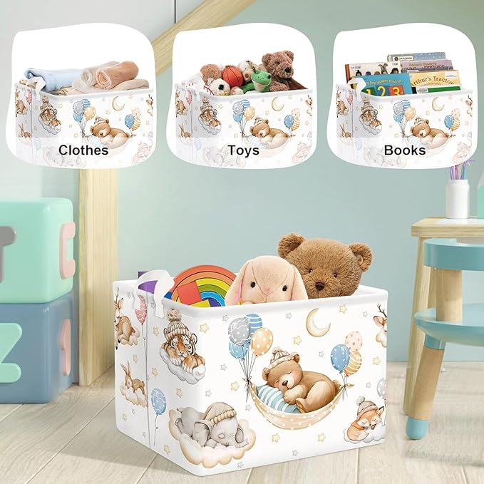 Sleeping Animals Baby Laundry Hamper Collapsible Clothes Kids Storage Basket Large Boys Girls Gift Toy Box Bin for Nursery, Bear, 36L