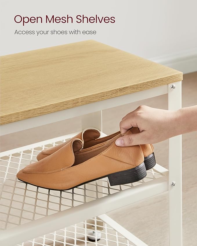 VASAGLE 3-Tier Shoe Rack, Shelf Storage Bench with Metal Mesh Shelves and Seat, Free Standing Shoe Organizer for Entryway, 11.8 x 28.7 x 17.7 Inches, Oak Beige and Classic White ULBS073W09
