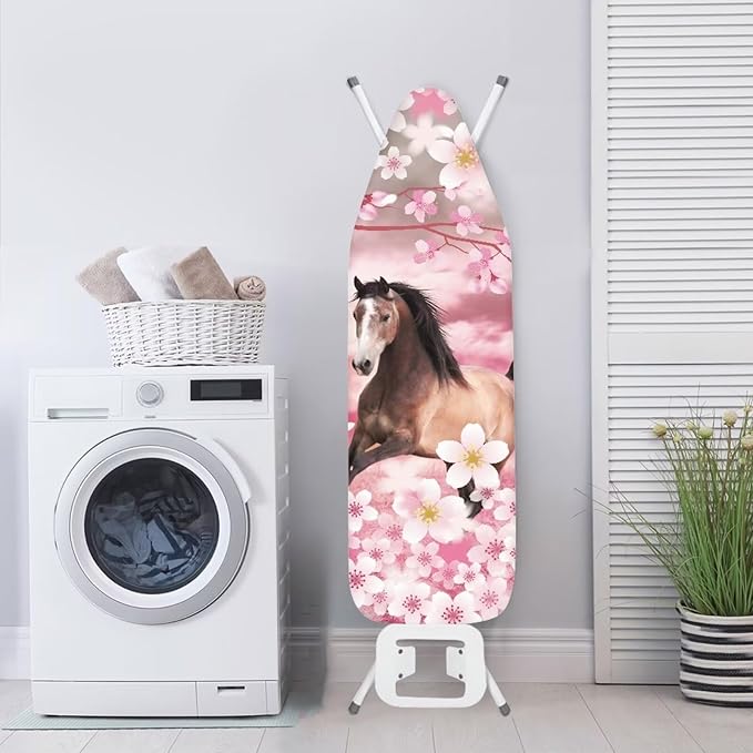 GLENLCWE Pink Horse Cherry Blossom Ironing Board Cover and Pad,Thick Heavy Duty Ironing Board Replacement Padding Standard Size 15X54Inch,Washable