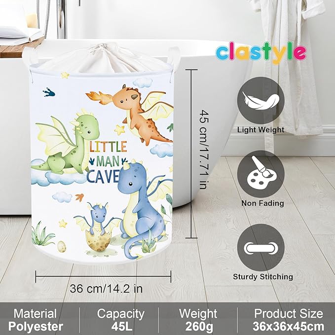 Clastyle Blue Dragon Kid Laundry Hamper with Lid Flying Dino Collapsible Laundry Basket with Handles Star Cloud Clothes Towel Toy Storage Basket for Boy Girl Nursery