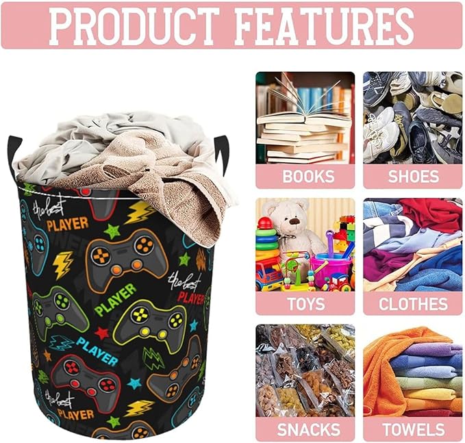 Video Game Controller Round Laundry Hamper Gaming Joysticks Storage Basket Toys Clothes Organizer Bin For Home Bathroom Bedroom Dorm Nursery, 62l