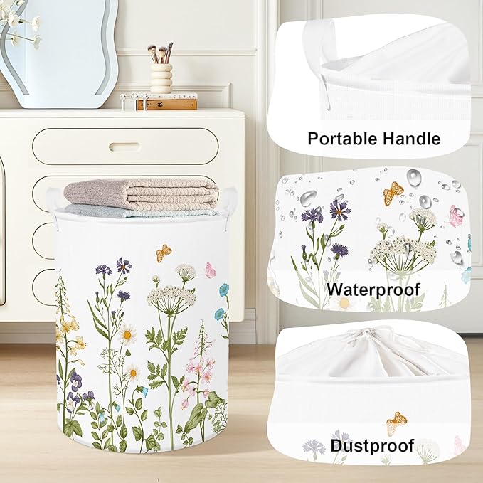 Colourful Flowers Laundry Hamper Large Storage Basket Floral Collapsible Adult Organizer Kids Clothes Toys Bins for Bedroom, Bathroom, Butterfly, 63L