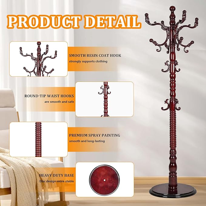 Modern Wooden Coat Rack Heavy Duty Solid Wood Freestanding Coat Racks Stand Adjustable Height 37.4’’-72.83’’ with 14 Hooks and Sturdy Round Base Coat Tree for Living Room, Bedroom