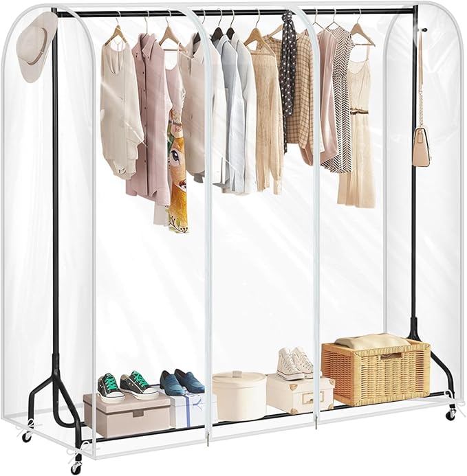 Garment Rack Cover waterproof ransparent Clothes Rack Cover, PEVA Dustproof Wardrobe Hanging Protector Rack Organizer with 2 Smooth Zipper (60 * 20 * 43.3inch)