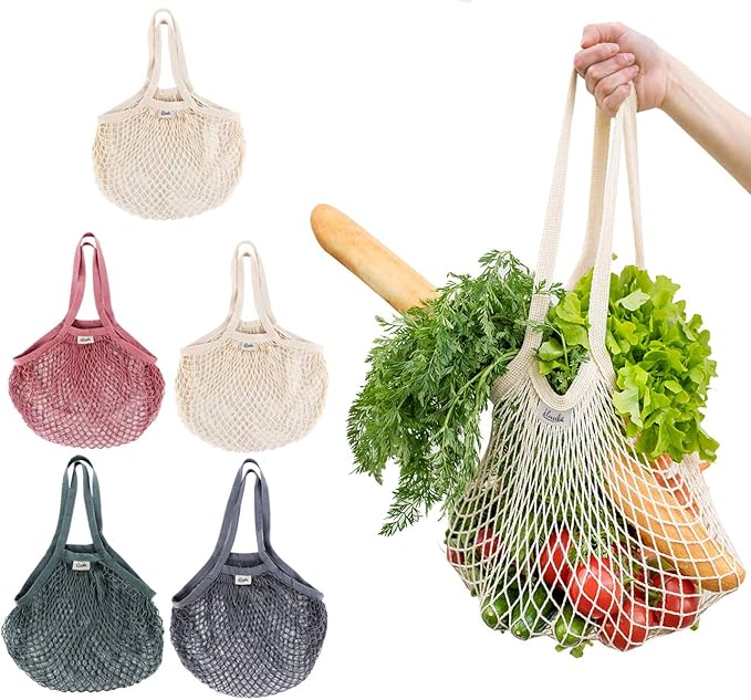 Lemonfilter Mesh Grocery Bags, 5 Pack Reusable Washable Cotton String Shopping Bag, Cotton Mesh Produce Bag with Long Handle Net Tote Bag for Fruit Vegetables Farmers Market Shopping (4 Color)
