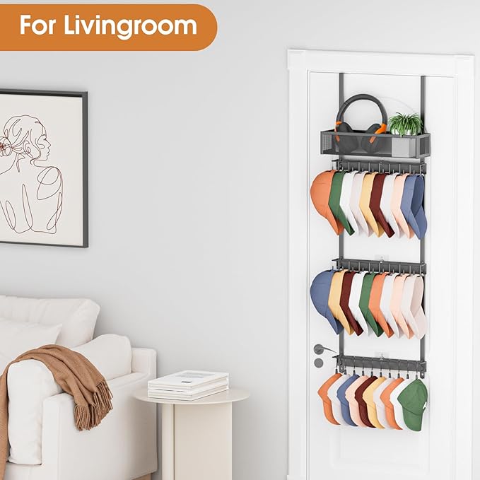 3 Tier Over Door Hat Rack with Basket - Hat Organizer Holder for Baseball Cap with 18 Hooks and 10 Movable Clips,Hat Hanger Storage Holds up to 28+ Caps for Door, Bedroom, Closet (Black)