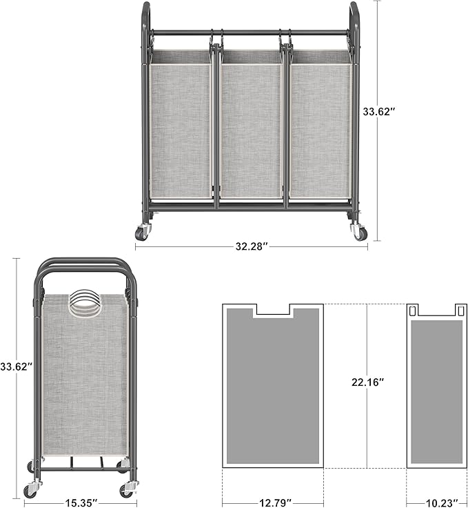 HOMEIJU 3-Bag Laundry Sorter, Laundry Hamper Cart with Heavy Duty Rolling Lockable Wheels and Removable Bags, Laundry Organizer Basket Clothes Separator Hamper, Grey