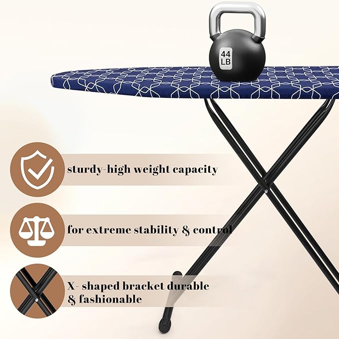 Classic Ironing Board, Compact and Space Saver,Size 43 x 13 Ironing Board, Extra Wide Ironing Area with Extra Thick Heavy Duty Padded, Stable Structure,Easy to Fold Blue Geometry