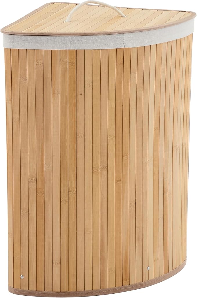 Bamboo Laundry Hamper Large 58L with Removable 2-Section Liner, Foldable Storage Basket with Lid and Handles for Bedroom, Laundry Room, Small Spaces – Natural - Triangle