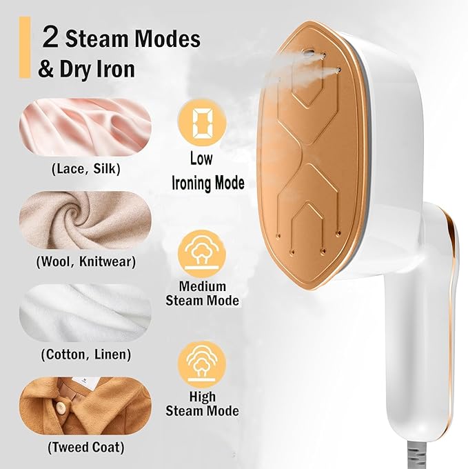 Garment Steamer, 2-IN-1 Travel Iron for Clothes, Powerful Clothes Steamer Iron for Travel, 1100W, Fast Heat-up, 3 Steam Levels Output, Portable Handheld Steamer for Travel Home & Office (Light White)