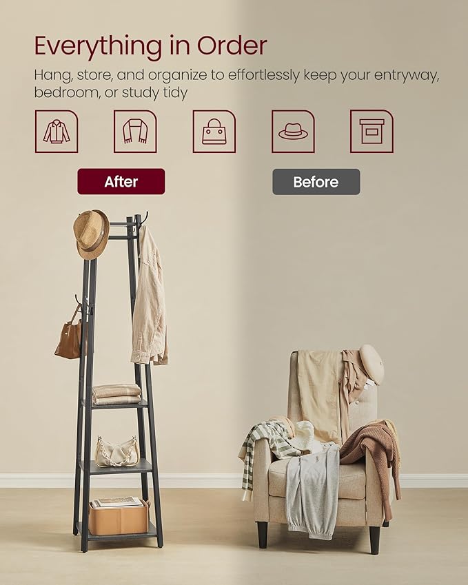 VASAGLE Coat Rack, Coat Stand with 3 Shelves, Hall Tree Free Standing with Hooks for Scarves, Bags, Umbrellas, Steel Frame, Industrial Style, for Entryway, Living Room, Charcoal Gray ULCR080B03