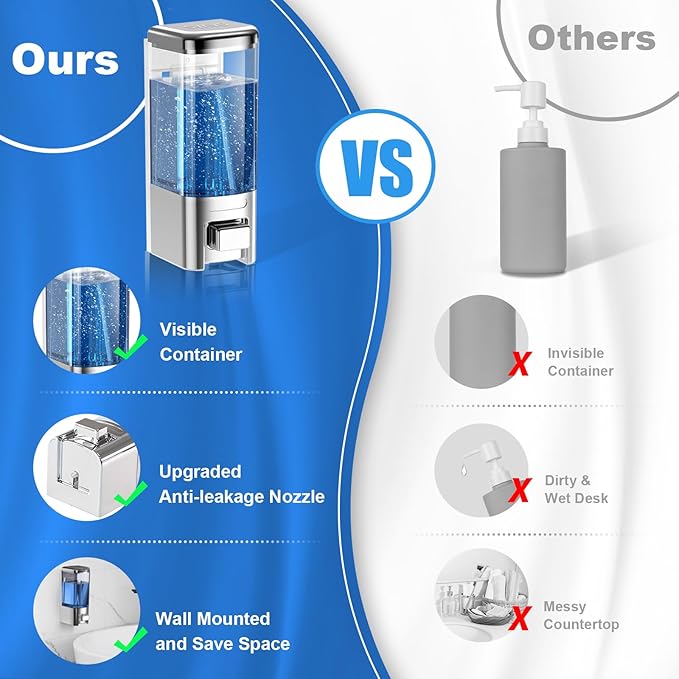 SVAVO Wall Mounted Soap Dispenser - Manual Kitchen Bathroom Hand Soap Dispenser with Anti-Leakage Nozzle Container for Liquid/Gel/Shampoo/Shower Gel/Lotion/Cleaner, 17fl.oz/500ml, Chrome&Clarity