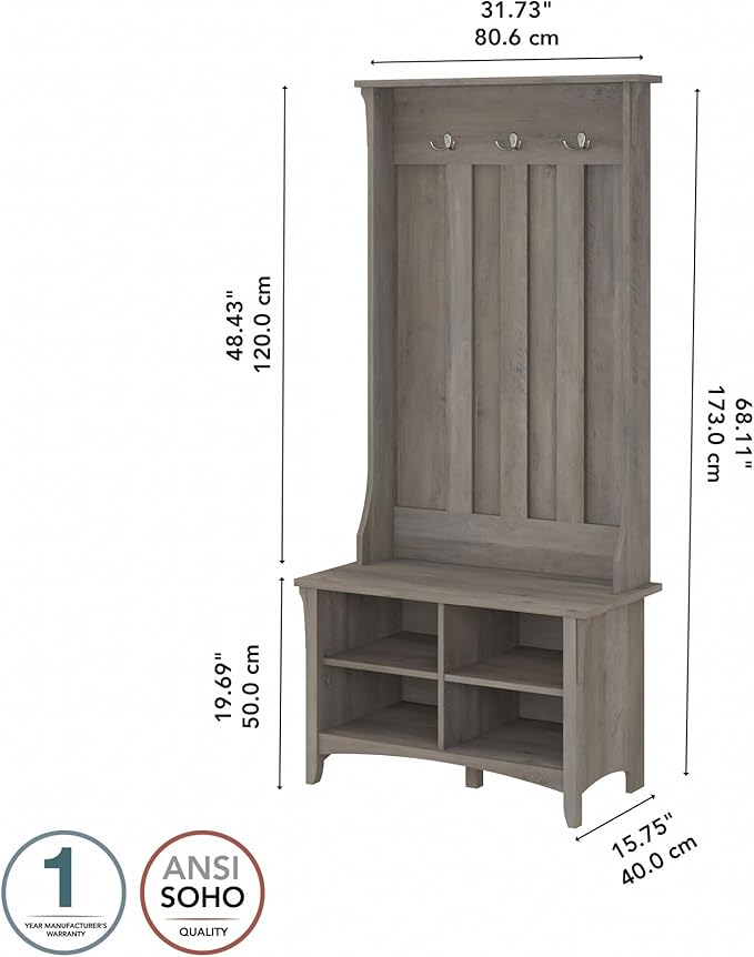 Bush Home Salinas Hall Tree with Shoe Storage Bench in Driftwood Gray, Multi-Purpose Home Organizer, Entryway Solution with Seating and Hooks