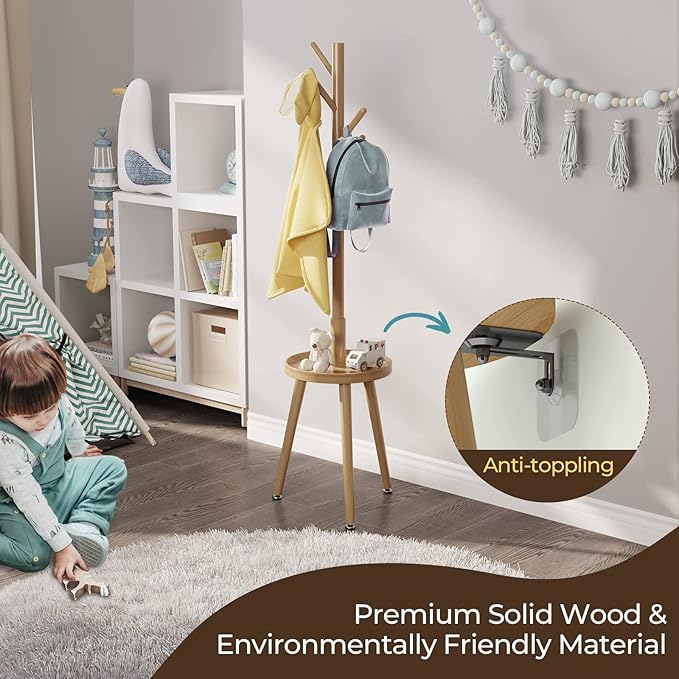 GREENSTELL Coat Rack with 8 Hooks, Wooden Coat Rack Freestanding with Shelf, Coat Tree with 4 Height Options 50.5"-72.6", Coat Hanger Stand for Bags, Clothes, Umbrellas, Hats, in Home, Natural