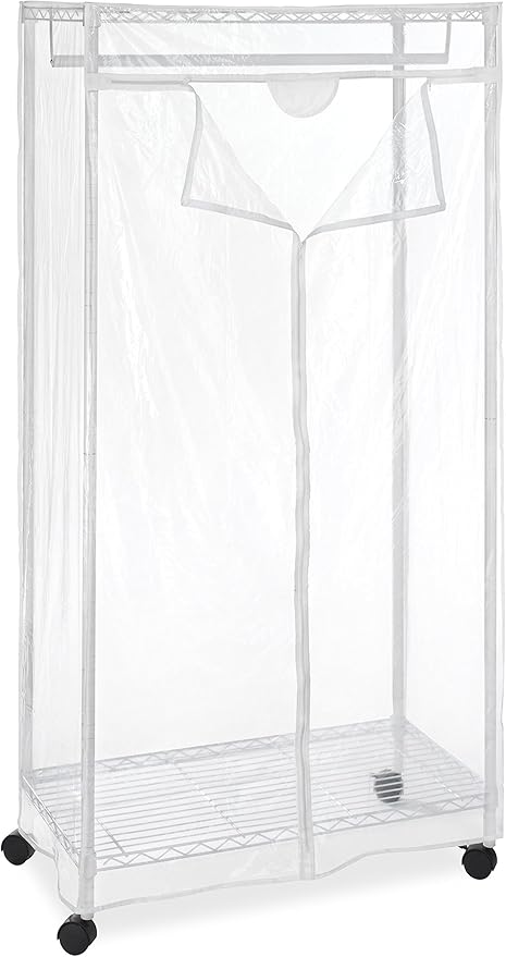 Whitmor Heavy Duty Metal Clothing Rack with Lockable Wheels & 3 Way Zippered Clear Cover, Dustproof Waterproof Garment Rack for Bedroom, Closet, Store, 19"L x 36.75"W x 70.25"H, White