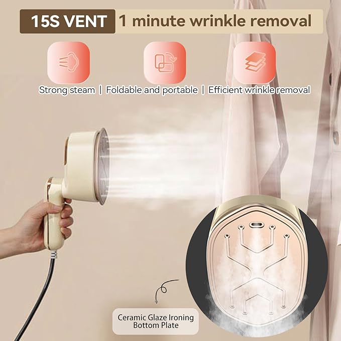 Portable Steamer Iron, 1100W High-Power Household Small Ironing Machine, 2-In-1 Travel Essential Steam Iron, 15S Preheating, 125ML Water Tank, Suitable for Home, Travel, Dormitory & Office Use (Beige)