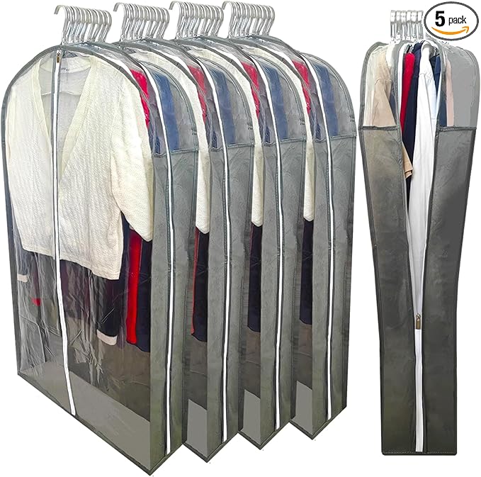 Suit Bags for Closet Storage with 6.3" Gusset, 40" Dust Proof Garment Bags for Hanging Clothes, Clear Suits Covers and Side Zipper Protector for Jacket, Coat, Sweater, Shirts, Clothing Grey/5 Packs