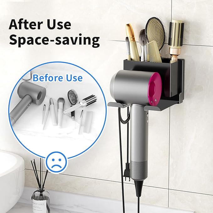 Hair Dryer Holder Wall Mounted, Hair Tools Organizer, Bathroom Space-Saving Blow Dryer Organizer Curling Irons Storage Wall Mounted Black (Self-Adhesive and Drilling)