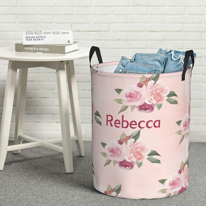 Pink Floral Pattern Customized Laundry Basket with Name Collapsible Waterproof Organizer Bin Laundry Hamper with Handle for Clothes Toys Bedroom.