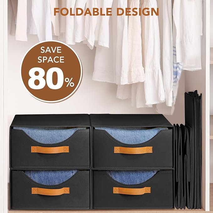 4 Pcs 16.5" Closet Drawers and Large Size Clothes Storage Bins Push-Out Storage Stackable Shelf Drawers with See-Through Window Closet Organizers for Bedroom, Living Room, Under Bed, Black