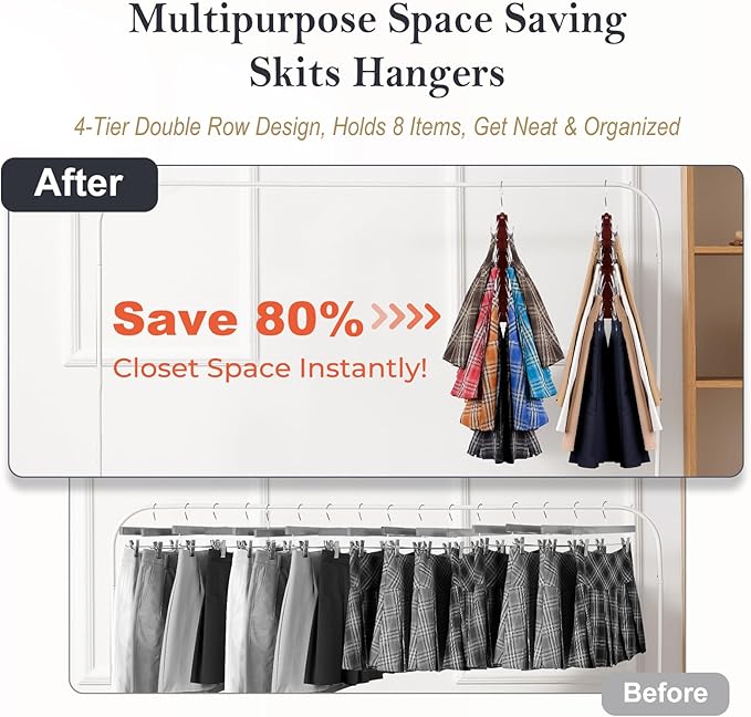 HOUSE DAY Skirt Hangers Space Saving 1 Pack, Double Row 4-Tier Non-Slip Hangers with Clips for Skirts, Shorts, and Pants - Lotus Wood Clip Hanger for Women - Closet Organizers and Storage (Mahogany)