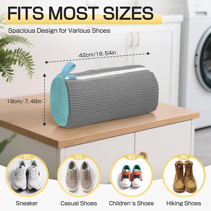 Shoe Washing Machine Bag,Reusable Laundry Cleaning bags for Washer and Dryer Fluffy Fibers 360° Wrap-Around Cleaning for All Shoes with Adjustable Shoe Trees & Dust-Proof Bag (Grey 4Pcs)