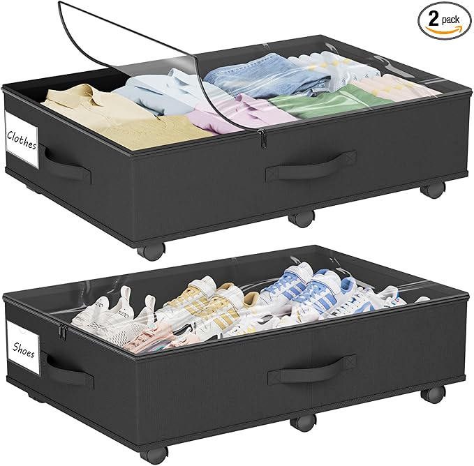 Under Bed Storage with Wheels, 2-Pack Under Bed Storage Containers with Clear Lid and Handles, Rolling Underbed Storage Drawers Organizer for Clothes,Shoes,Toys, Books (Black)
