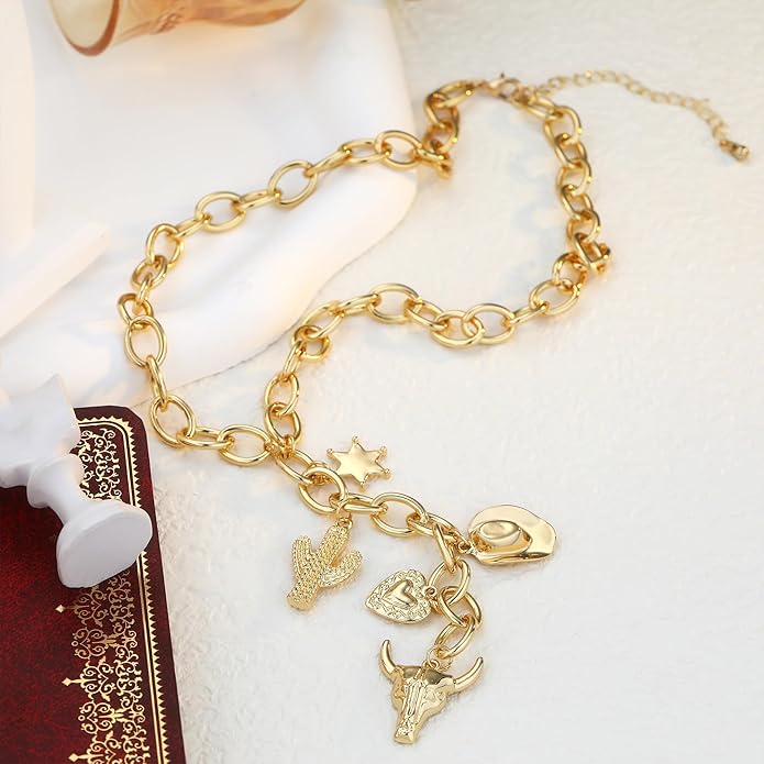 Chunky Gold Necklace for Women Gold Evil Eye Cowboy Pendant Necklace Dainty Paperclip Chain Vintage Luck Amulet Choker Necklaces Celestial Jewelry Gift