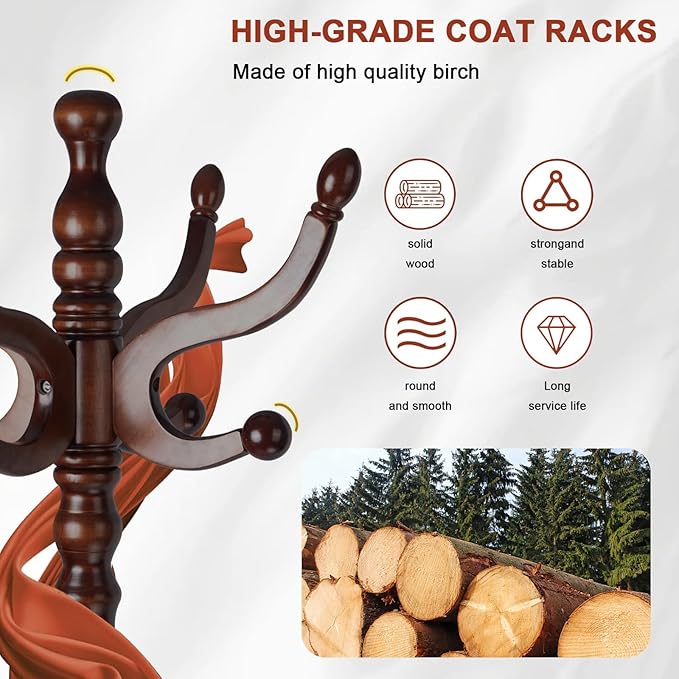 Wooden Coat rack freestanding, Coat racks stand with 11 Hook, Heavy duty coat tree standing 2 Adjustable Heights for Bedroom, Entryway, Hallway, Office,Stury Base (Brown disc)