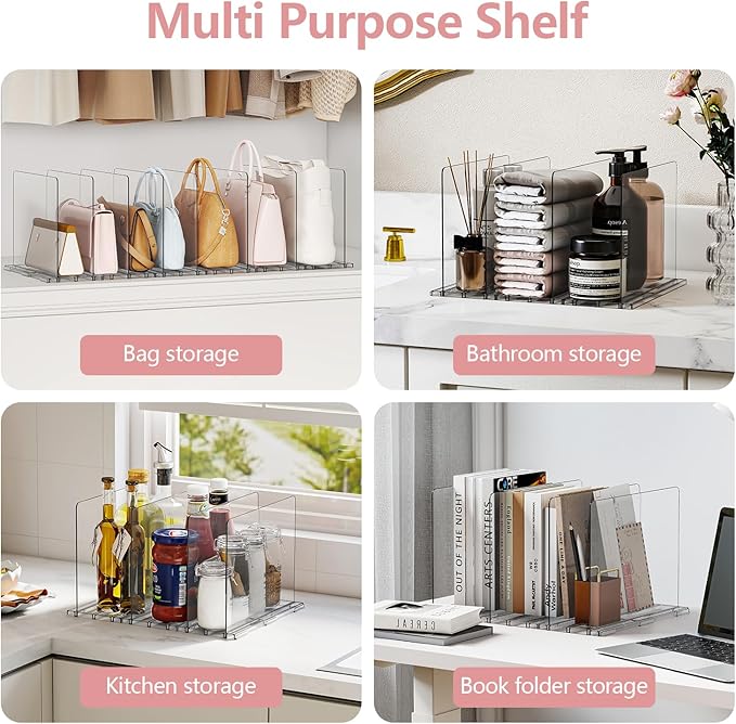 Yecaye Purse Organizer for Closet, Adjustable Closet Purse Organizer Rack, Clear Plastic Handbag Storage Organizer, Shelf Divider for Bedroom, Office, Kitchen