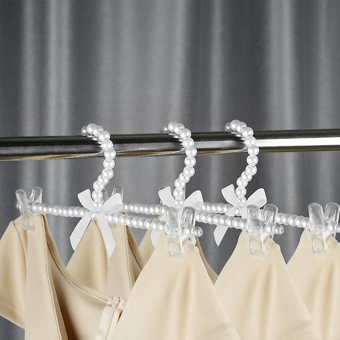SHIDOW Pearl Hangers, Pearl Pants Hangers, Plastic Bowknot Clothes Rack with Clip, Organizer for Storing Dresses, Shirts, Pants, Skirts in Bedrooms, Cabinets, Wardrobes(3Pcs White)