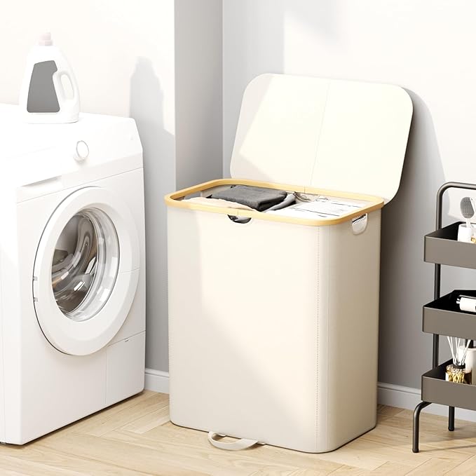 160L Double Laundry Hamper with Lid, Dirty Clothes Hamper with 2 Removable Bags, Beige Laundry Hamper 2 section with Bamboo Handles Easy to Carry for Bedroom, Bathroom, Dorm, College