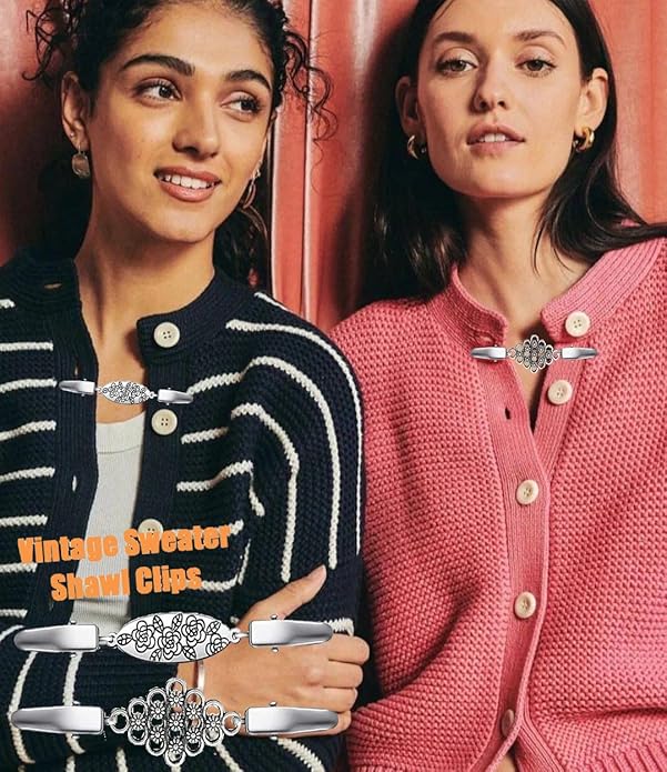 Vintage Sweater Clips Shawl Dresses Shirt Clips Retro Cardigan Collar Chain Clips Brooch Pins for Women