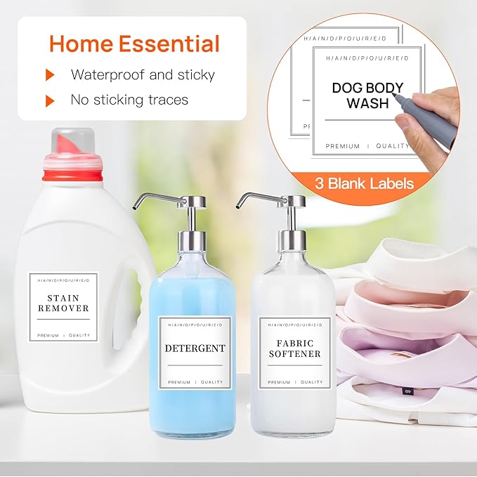 TESWEY 30PCS Waterproof Labels for Bottles, Minimalist Bathroom and Laundry Room Labels Set, Self-Adhesive Labels Stickers for Soap Dispenser and Laundry Jars, Hand Soap Shampoo Conditioner Label