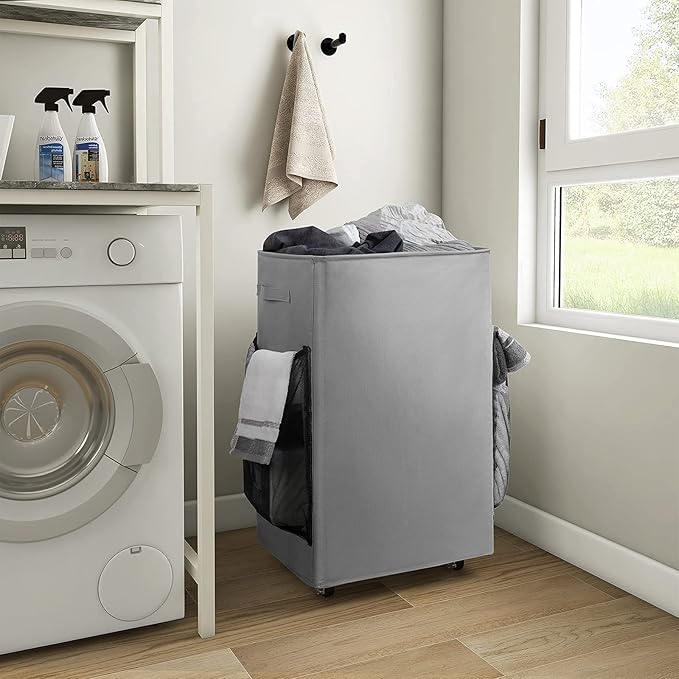 Chrislley 90L Rolling Laundry Basket Large Laundry Hamper with Wheels Collapsible Hamper Tall Storage Cart Foldable Clothes Organizer (Grey)