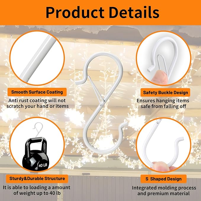 36 PCS S Hooks for Hanging with Safety Buckle, 3.5 inch Heavy Duty Metal S Shaped Hook for Kitchen Utensil, Cups, Pots, Plants, Bags, Hats (White)